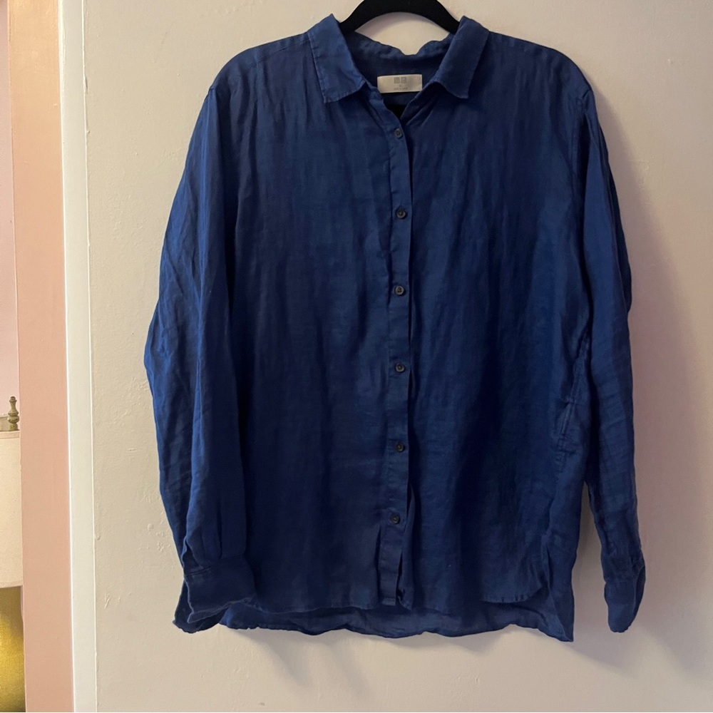 Uniqlo Blue Linen Button Down Shirt XL 📘